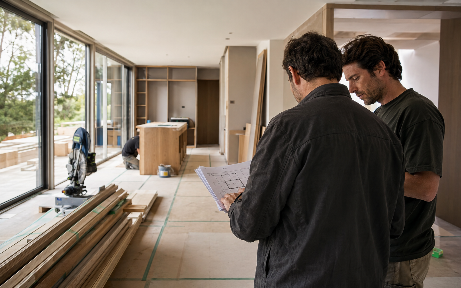 Dos personas revisando planos dentro de una casa en obra