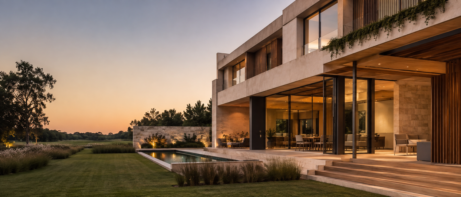 Casa contemporánea de dos plantas con piscina y galería iluminada al atardecer
